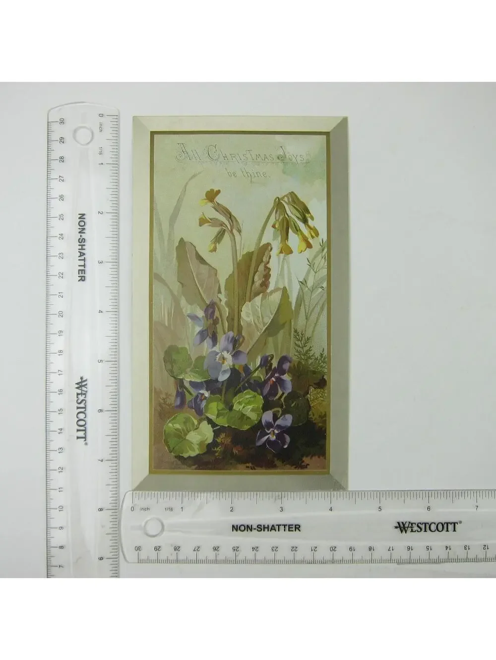 Victorian Christmas Card Flowers Violets Purple Green Leaves Girl Bonnet Antique